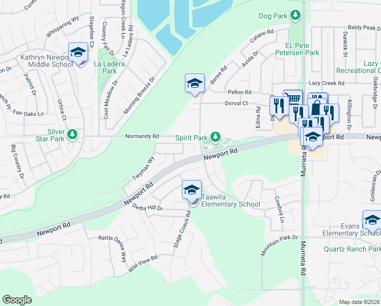map of restaurants, bars, coffee shops, grocery stores, and more near 25419 Hitch Rail Lane in Menifee