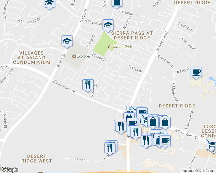 map of restaurants, bars, coffee shops, grocery stores, and more near 4410 East Gatewood Road in Phoenix