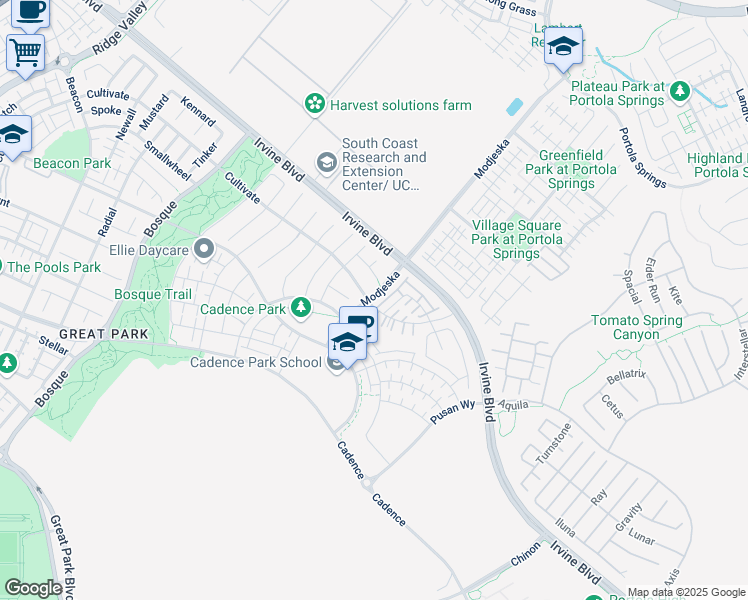 map of restaurants, bars, coffee shops, grocery stores, and more near 132 Modjeska in Irvine