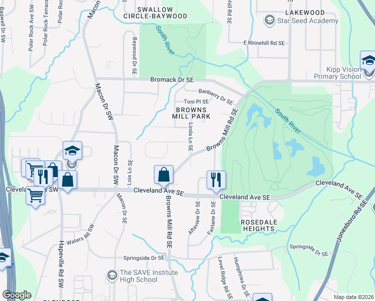 map of restaurants, bars, coffee shops, grocery stores, and more near 2561 Linda Lane Southeast in Atlanta