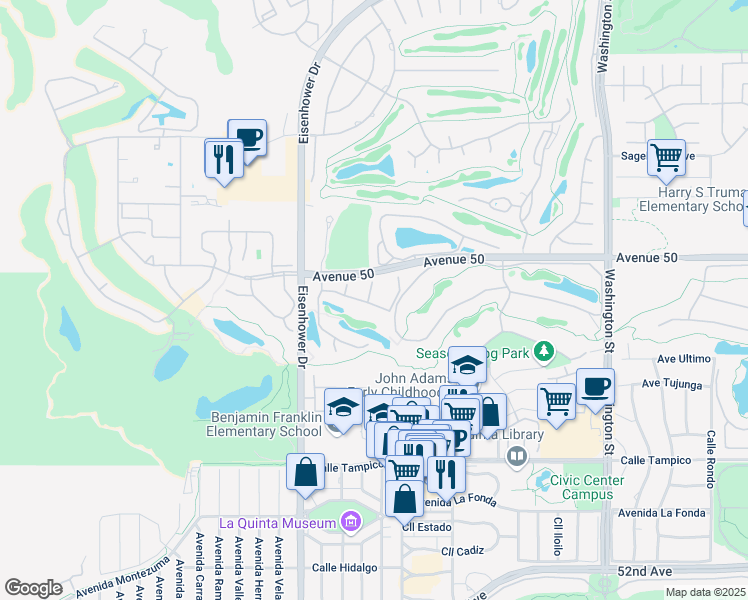 map of restaurants, bars, coffee shops, grocery stores, and more near 50140 Malaga Court in La Quinta