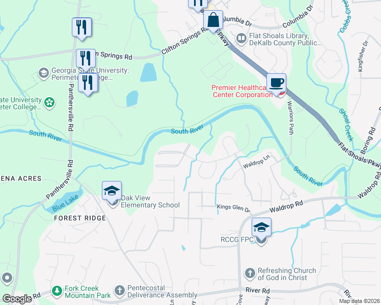 map of restaurants, bars, coffee shops, grocery stores, and more near 2103 Waldrop Place in Decatur