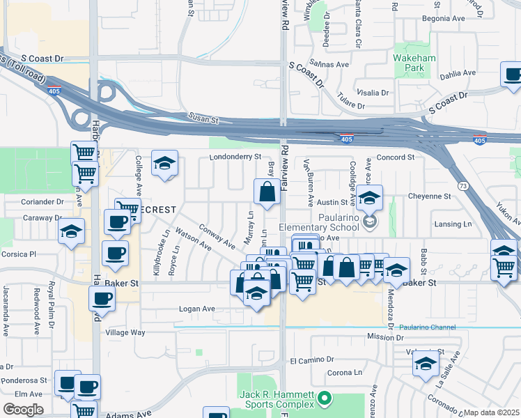 map of restaurants, bars, coffee shops, grocery stores, and more near 3101 Loren Lane in Costa Mesa