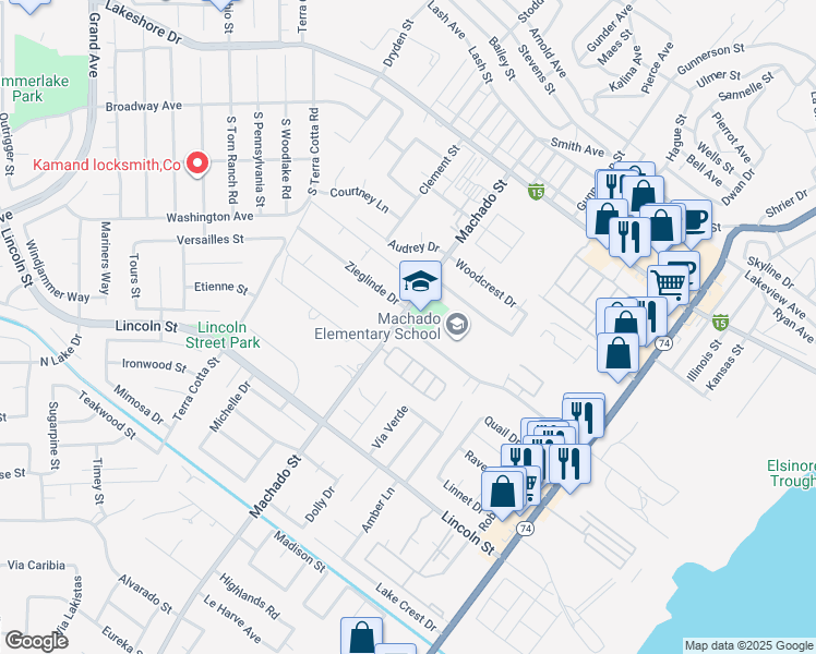 map of restaurants, bars, coffee shops, grocery stores, and more near 16461 Joy Street in Lake Elsinore
