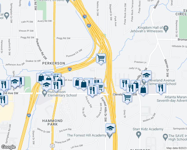 map of restaurants, bars, coffee shops, grocery stores, and more near 2601 Beeler Drive Southwest in Atlanta