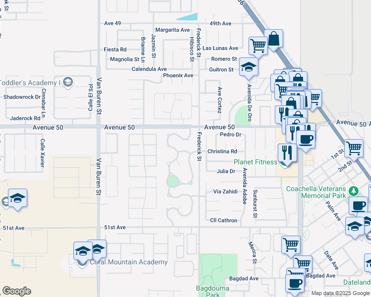 map of restaurants, bars, coffee shops, grocery stores, and more near 84430 Taxco Way in Coachella