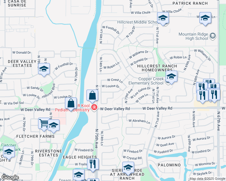 map of restaurants, bars, coffee shops, grocery stores, and more near 7416 West Los Gatos Drive in Glendale