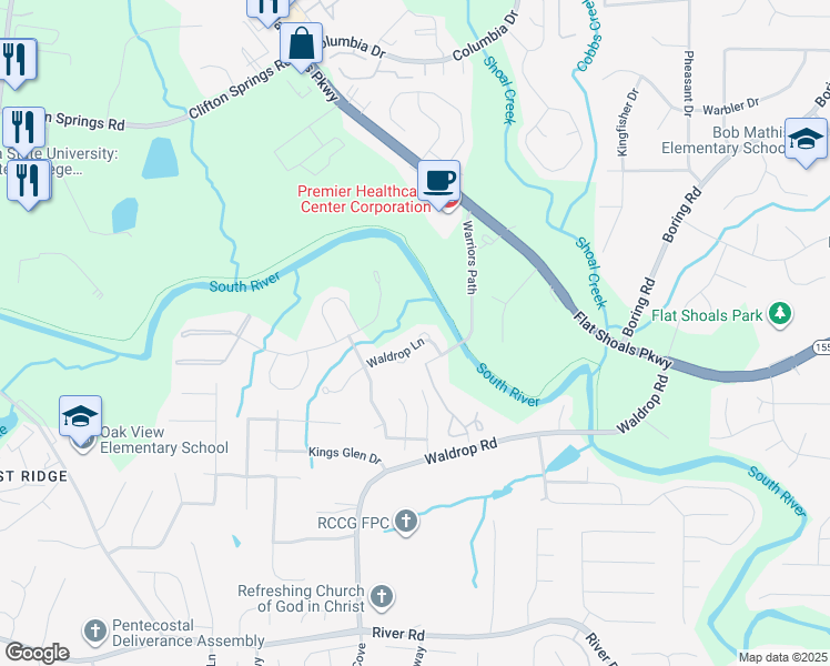 map of restaurants, bars, coffee shops, grocery stores, and more near 3783 Waldrop Lane in Decatur