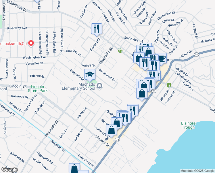 map of restaurants, bars, coffee shops, grocery stores, and more near 604 Parkview Drive in Lake Elsinore
