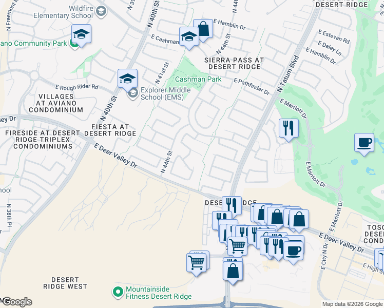 map of restaurants, bars, coffee shops, grocery stores, and more near 4410 East Gatewood Road in Phoenix