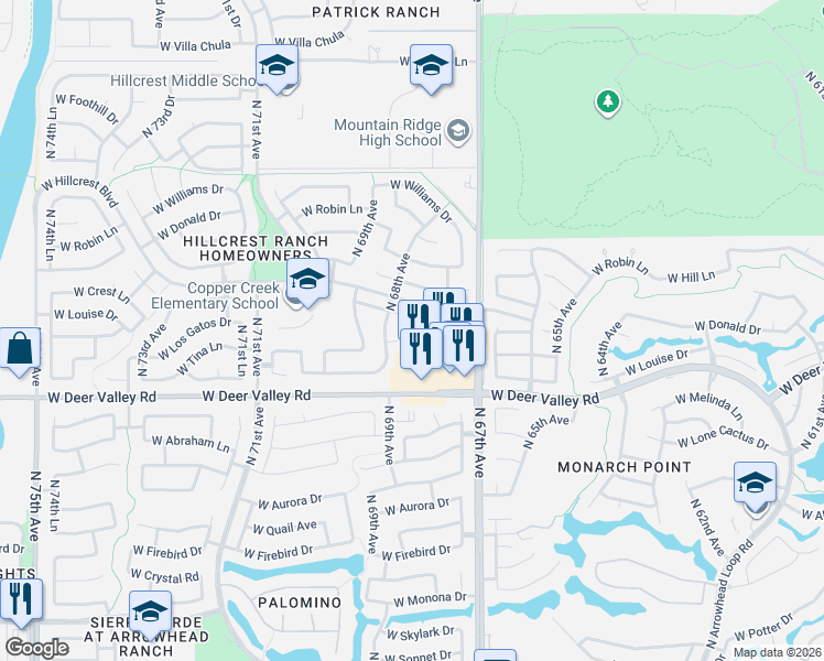map of restaurants, bars, coffee shops, grocery stores, and more near 6777 West Louise Drive in Glendale