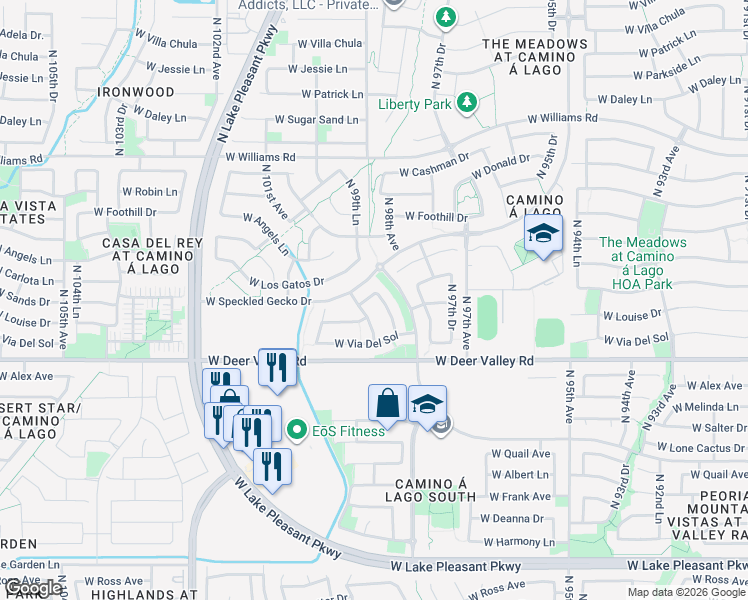 map of restaurants, bars, coffee shops, grocery stores, and more near 22084 North 98th Drive in Peoria