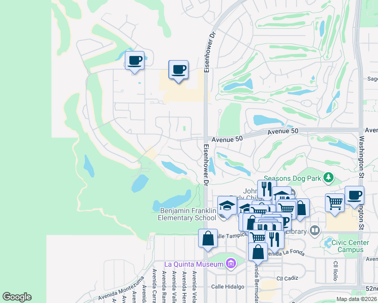 map of restaurants, bars, coffee shops, grocery stores, and more near 77528 Avenue Madrugada in La Quinta