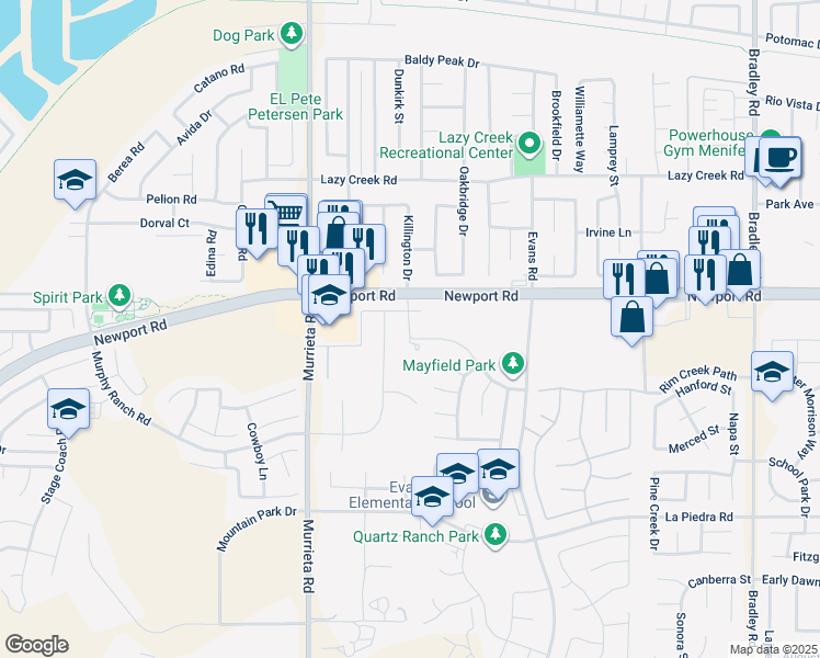 map of restaurants, bars, coffee shops, grocery stores, and more near 30103 Santa Rosalia Drive in Menifee
