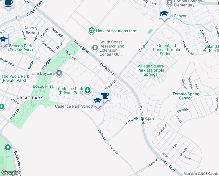 map of restaurants, bars, coffee shops, grocery stores, and more near 128 Modjeska in Irvine