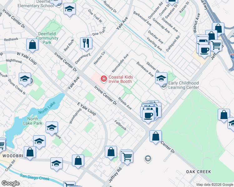 map of restaurants, bars, coffee shops, grocery stores, and more near 15431 Toulouse Circle in Irvine