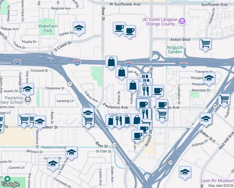 map of restaurants, bars, coffee shops, grocery stores, and more near 3109 Roanoke Lane in Costa Mesa