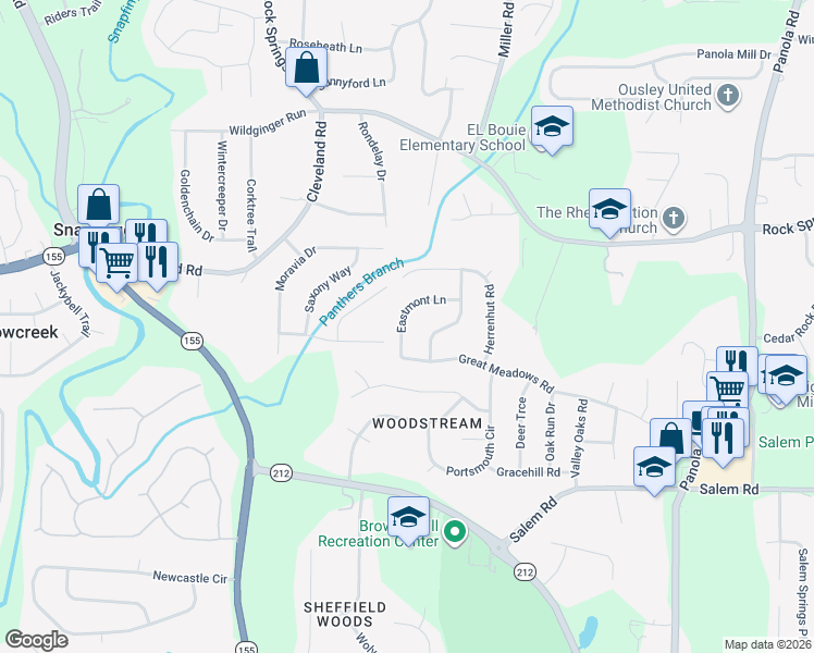 map of restaurants, bars, coffee shops, grocery stores, and more near 3387 Eastmont Lane in Stonecrest