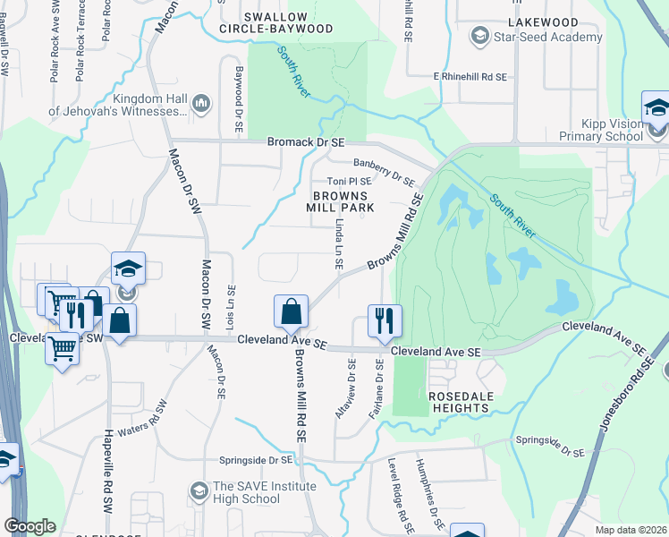 map of restaurants, bars, coffee shops, grocery stores, and more near 2561 Linda Lane Southeast in Atlanta