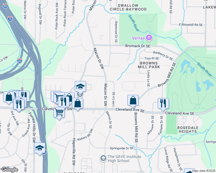 map of restaurants, bars, coffee shops, grocery stores, and more near 2602 Macon Drive Southwest in Atlanta