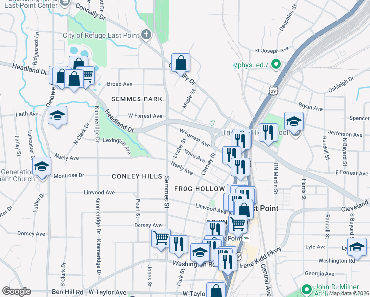 map of restaurants, bars, coffee shops, grocery stores, and more near 2611 Oak Street in Atlanta