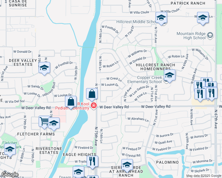 map of restaurants, bars, coffee shops, grocery stores, and more near 7416 West Los Gatos Drive in Glendale