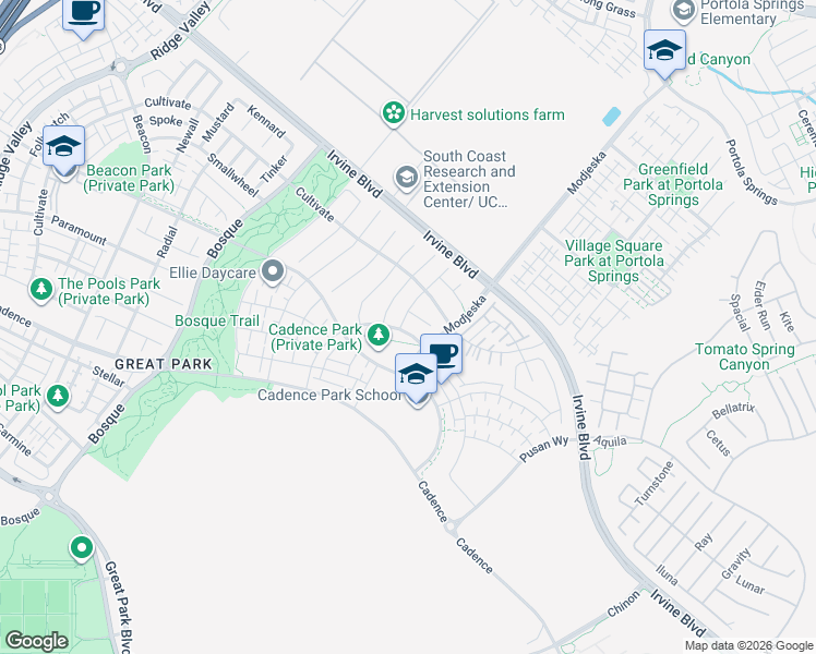 map of restaurants, bars, coffee shops, grocery stores, and more near 107 Character in Irvine