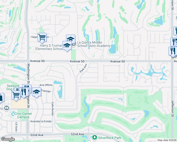 map of restaurants, bars, coffee shops, grocery stores, and more near 50205 Mountain Shadows Road in La Quinta