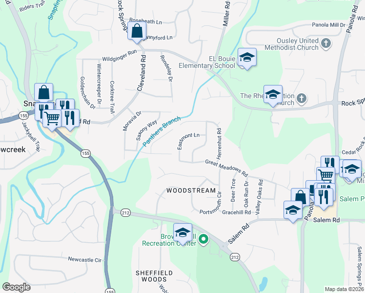 map of restaurants, bars, coffee shops, grocery stores, and more near 3387 Eastmont Lane in Stonecrest