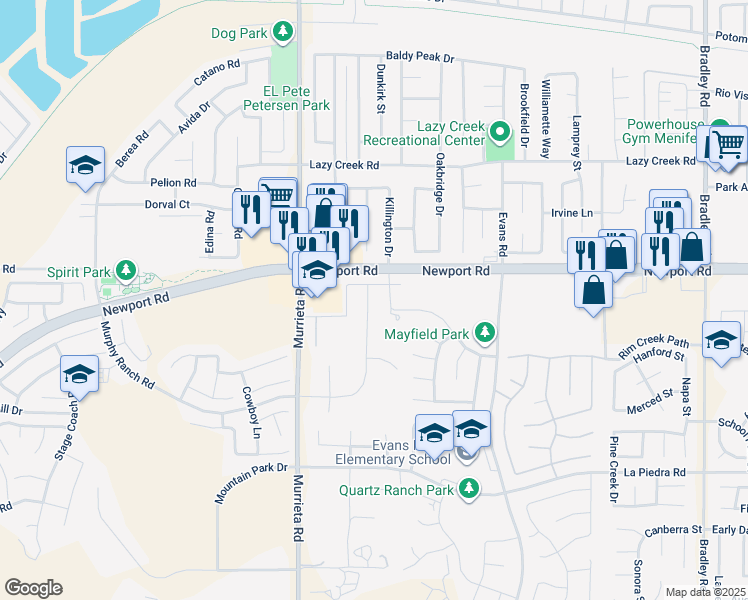 map of restaurants, bars, coffee shops, grocery stores, and more near 30102 Puerto Vallarta Way in Menifee