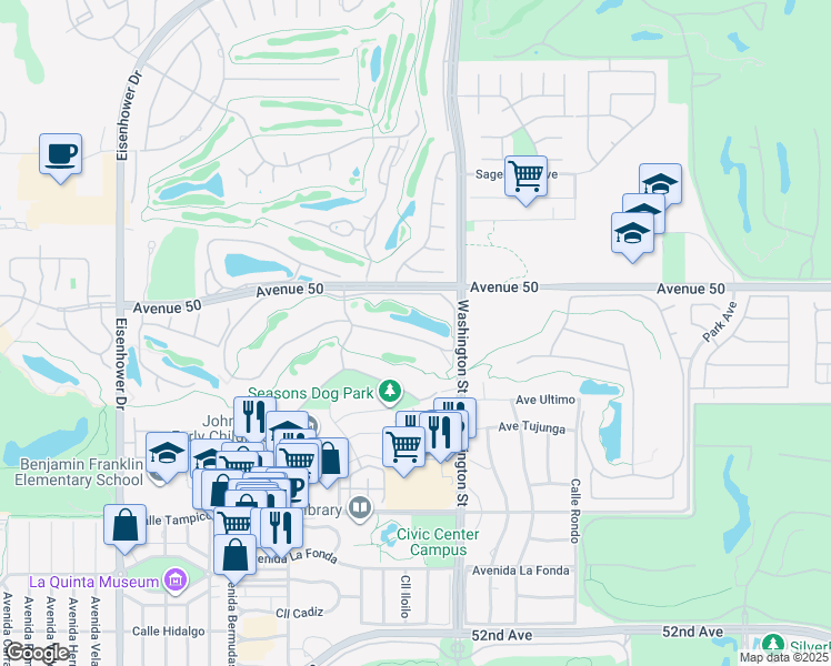 map of restaurants, bars, coffee shops, grocery stores, and more near 78068 Calle Norte in La Quinta