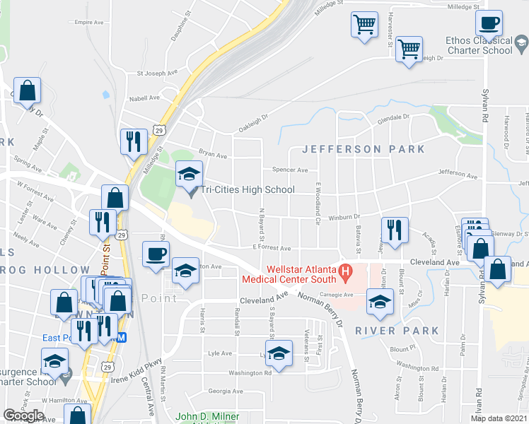 map of restaurants, bars, coffee shops, grocery stores, and more near 1317 Winburn Drive in East Point