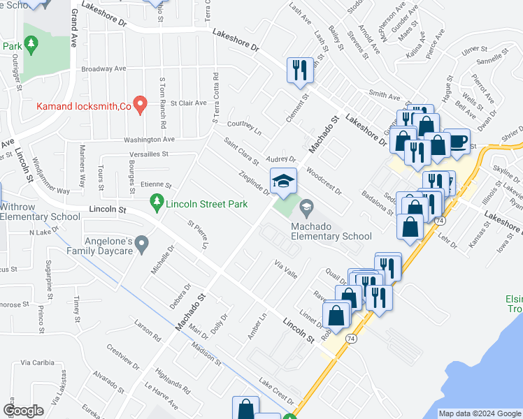 map of restaurants, bars, coffee shops, grocery stores, and more near 31625 Machado Street in Lake Elsinore