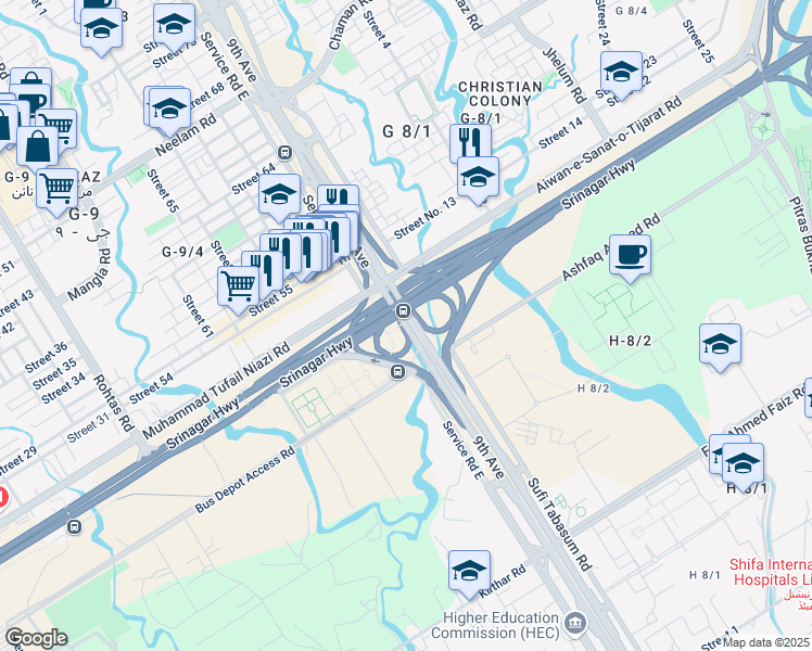 map of restaurants, bars, coffee shops, grocery stores, and more near 9th Avenue in Islamabad