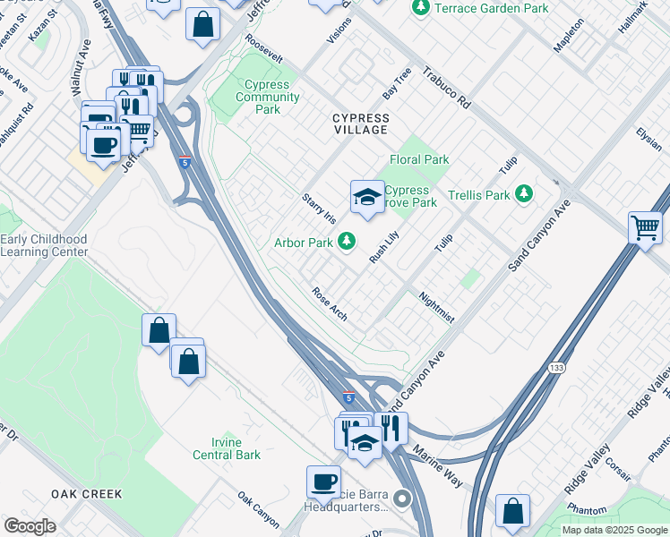 map of restaurants, bars, coffee shops, grocery stores, and more near 50 Emerald Clover in Irvine