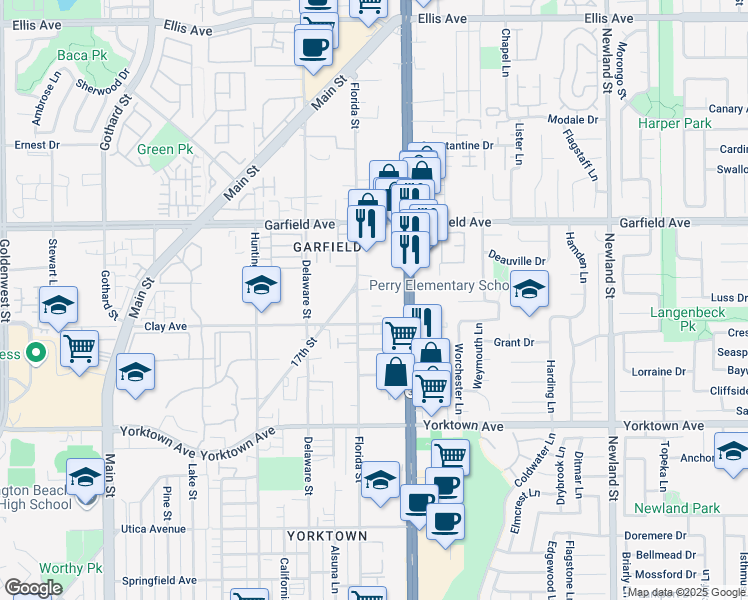 map of restaurants, bars, coffee shops, grocery stores, and more near 19181 Coenson Circle in Huntington Beach