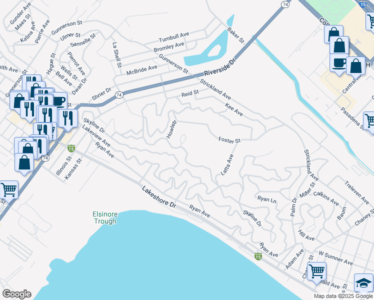 map of restaurants, bars, coffee shops, grocery stores, and more near Sunnyslope Avenue in Lake Elsinore