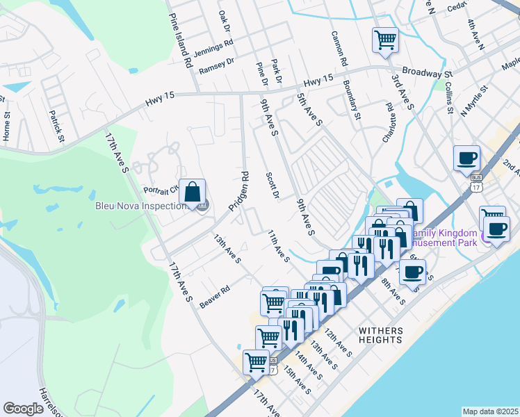 map of restaurants, bars, coffee shops, grocery stores, and more near 808 Carolina Place in Myrtle Beach