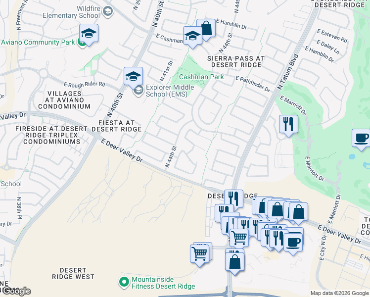 map of restaurants, bars, coffee shops, grocery stores, and more near 4410 East Gatewood Road in Phoenix