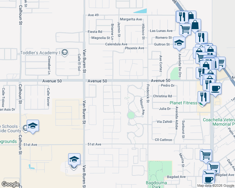 map of restaurants, bars, coffee shops, grocery stores, and more near 84475 Ruebens Way in Coachella