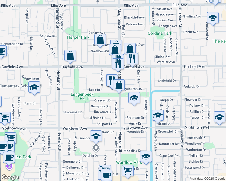 map of restaurants, bars, coffee shops, grocery stores, and more near 19171 Magnolia Street in Huntington Beach