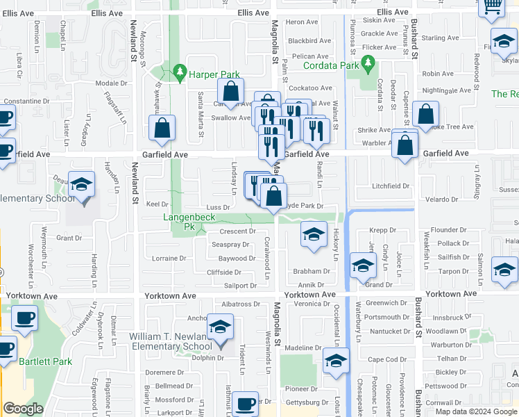 map of restaurants, bars, coffee shops, grocery stores, and more near 19171 Magnolia Street in Huntington Beach