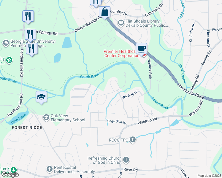 map of restaurants, bars, coffee shops, grocery stores, and more near 3010 Waldrop Circle in Decatur