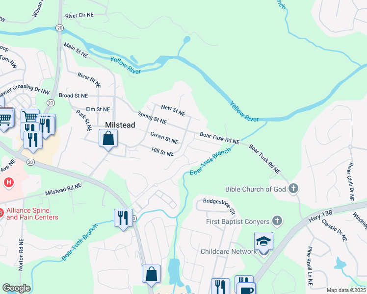 map of restaurants, bars, coffee shops, grocery stores, and more near 1801 Green Street Northeast in Conyers