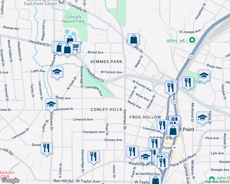 map of restaurants, bars, coffee shops, grocery stores, and more near 1849 Warren Way in Atlanta