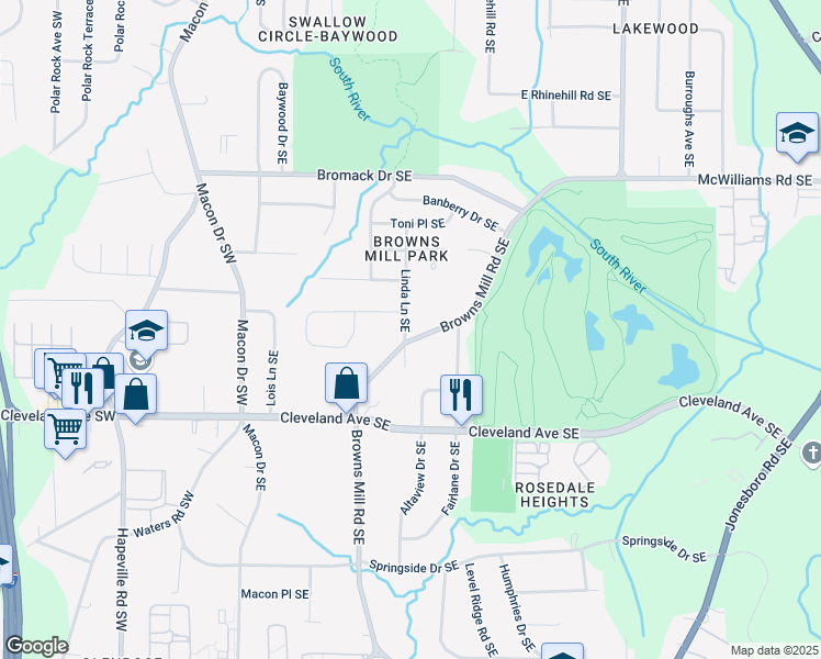 map of restaurants, bars, coffee shops, grocery stores, and more near 2599 Browns Mill Road Southeast in Atlanta