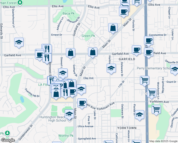 map of restaurants, bars, coffee shops, grocery stores, and more near 19172 Holly Lane in Huntington Beach