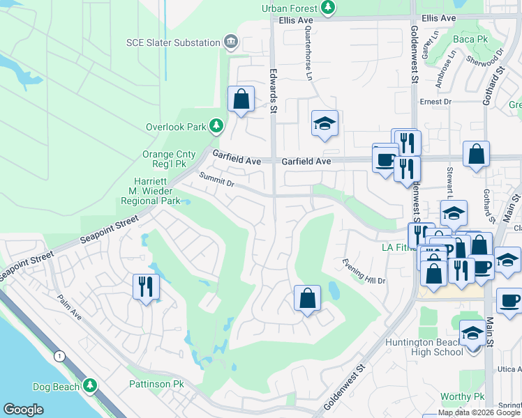 map of restaurants, bars, coffee shops, grocery stores, and more near 6396 Royal Grove Drive in Huntington Beach