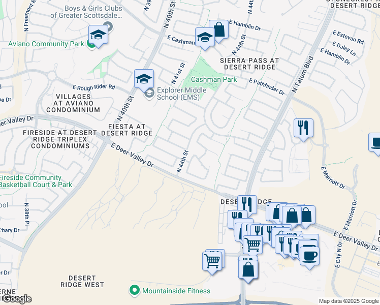 map of restaurants, bars, coffee shops, grocery stores, and more near 21646 North 44th Place in Phoenix
