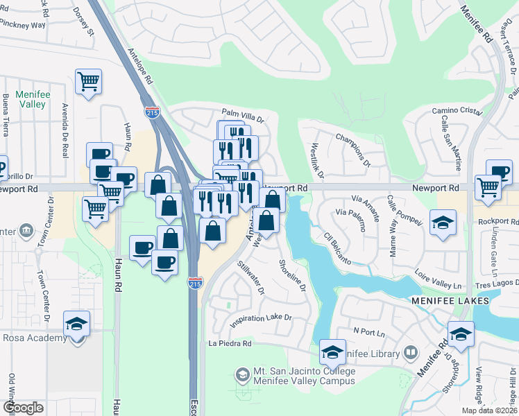 map of restaurants, bars, coffee shops, grocery stores, and more near 30083 Westlake Drive in Menifee
